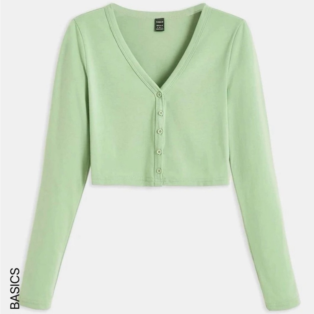 Green Button-Front Long Sleeve Crop Top